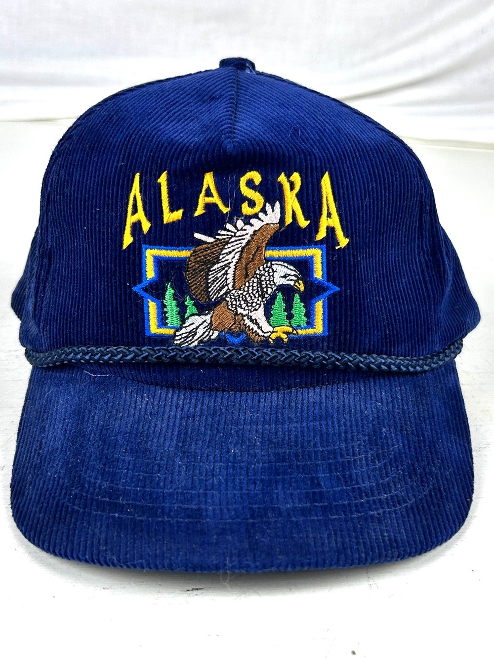 Vintage 90s Alaska Eagle Graphic Corduroy Hat By Headliners SnapBack Blue